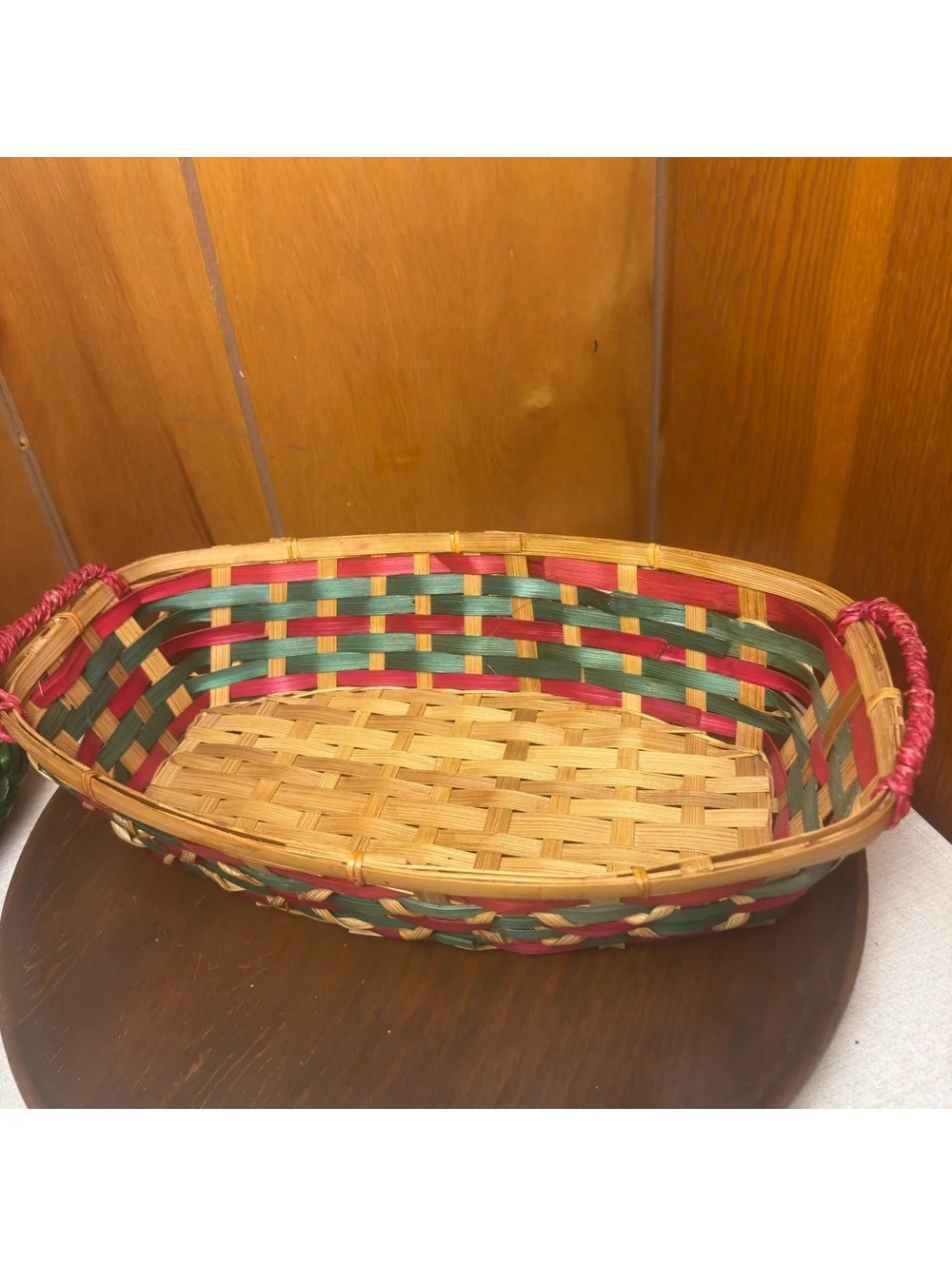 Vintage Christmas Woven Basket Red Green Natural Bamboo Holiday Serving Basket
